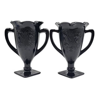 Le Smith 1930s Black Amethyst Glass Trophy Vase With Embossed Art Deco Nymphs For Sale