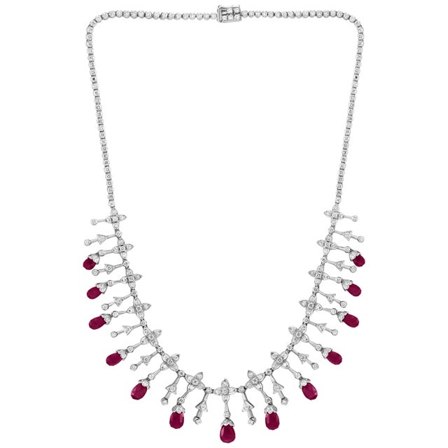 18 Ct Natural Ruby Briolette & 8 Ct Diamond Necklace 18 Karat White Gold, Estate For Sale - Image 15 of 18