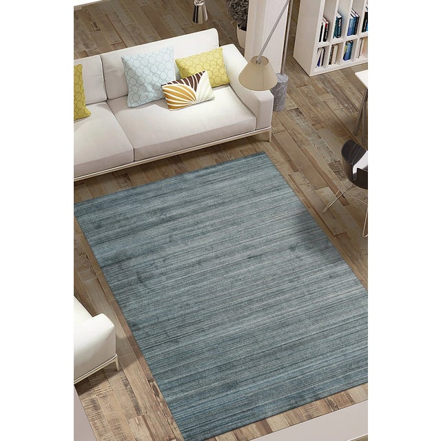 10x14 Para Elena Blue Solid Open Field Handmade Wool Carpet Rug For Sale - Image 4 of 5