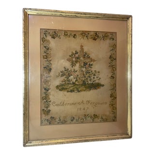 Antique 1800's Hand Embroidered Needlepoint Sampler Religious Cross Memorial Art For Sale