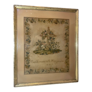 Antique 1800's Hand Embroidered Needlepoint Sampler Religious Cross Memorial Art