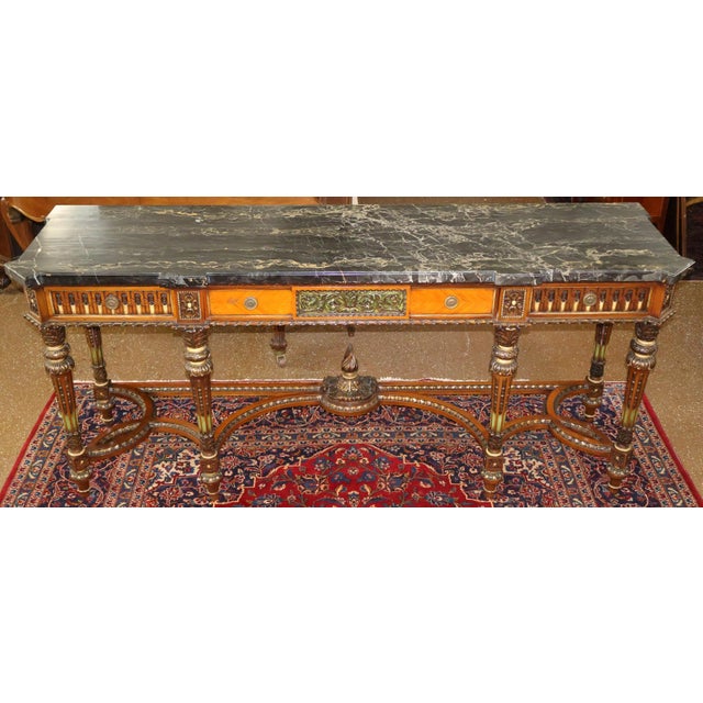 French Louis XVI Style Marble Top Inlaid Satinwood & Walnut Buffet Sideboard Dimensions : 84" Wide X 23" Deep X 37.5" Tall...