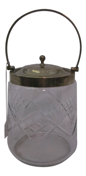 Antique Glass Biscuit Jar With Silver Plate Handle and Lid Made in England