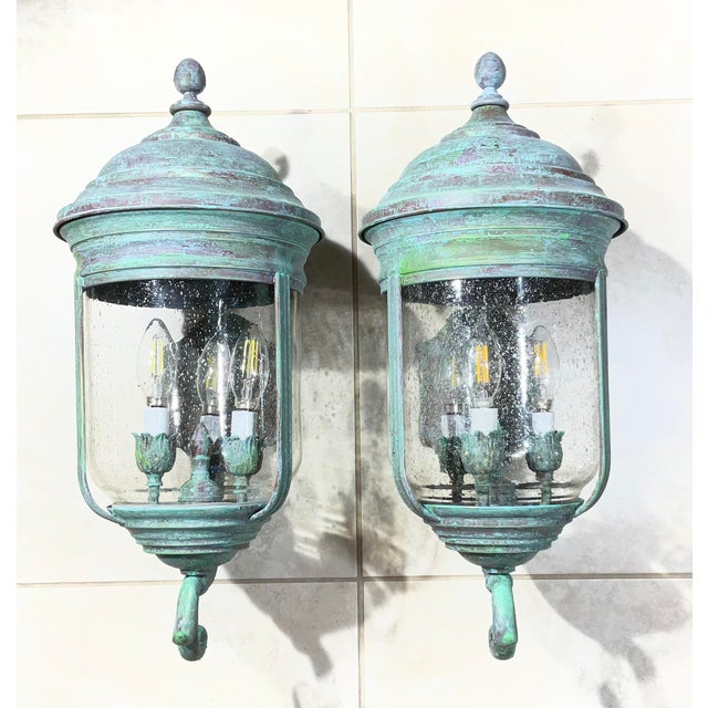 Pair of Vintage Solid Brass Wall Lanterns /Sconces 22”x10”x11”.5 For Sale - Image 4 of 16