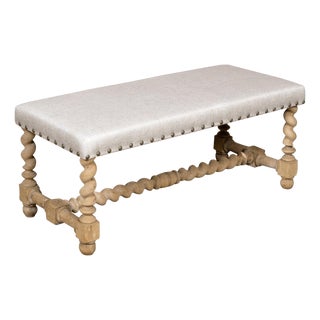English 1900s Bleached Wood Bench with Barley Twist Base and Custom Upholstery For Sale