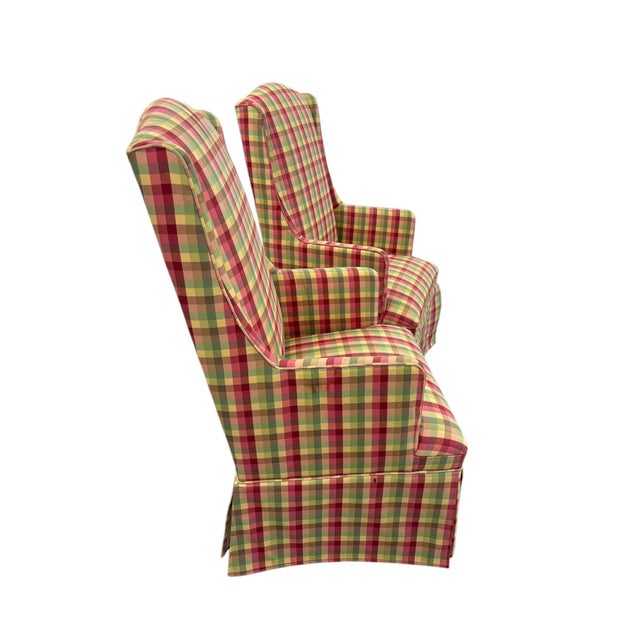 Quick Hits: Pair of late 20th-century petite wingback chairs Upholstered in plaid gingham with full tailored skirts Slim...