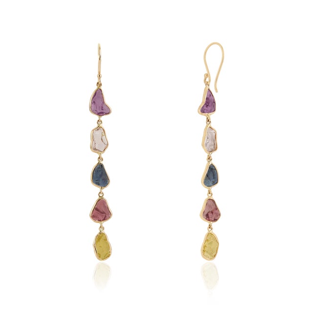 Metal 14.75ct Rainbow Sapphire Uncut Antique Style Dangle Earrings in 14k Gold- A Pair For Sale - Image 7 of 14