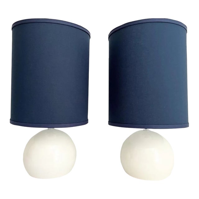 1960s Lightolier White Ball Lamps & Shades - a Pair For Sale