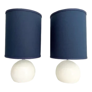 1960s Lightolier White Ball Lamps & Shades - a Pair