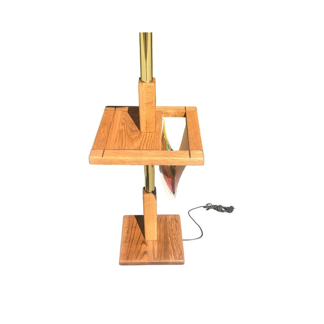 Wood Vintage Mid Century Postmodern 1970s Solid Oak Brass Magazine Table Floor Lamp 1980s Restored For Sale - Image 7 of 12