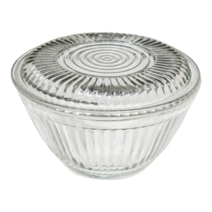 Early 20th Century Art Deco Round Clear Glass Ribbed Lidded Refrigerator Dish Bullseye Flat Top