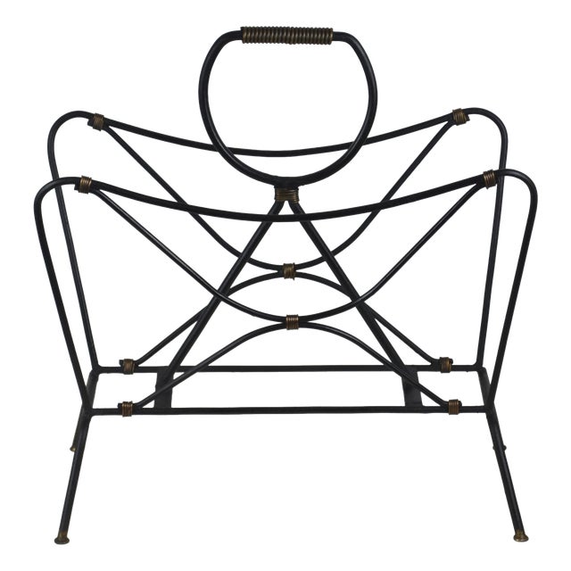 French Modernist Black Metal Magazine Rack attributed to Jacques Adnet, 1950s For Sale