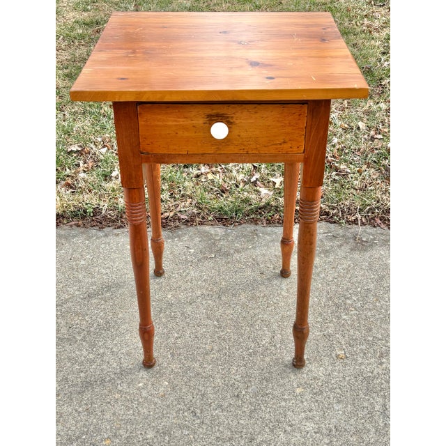 Fine American Sheraton period pine table with one drawer and ceramic knob. Hand-cut dovetails plus the stylistic details...