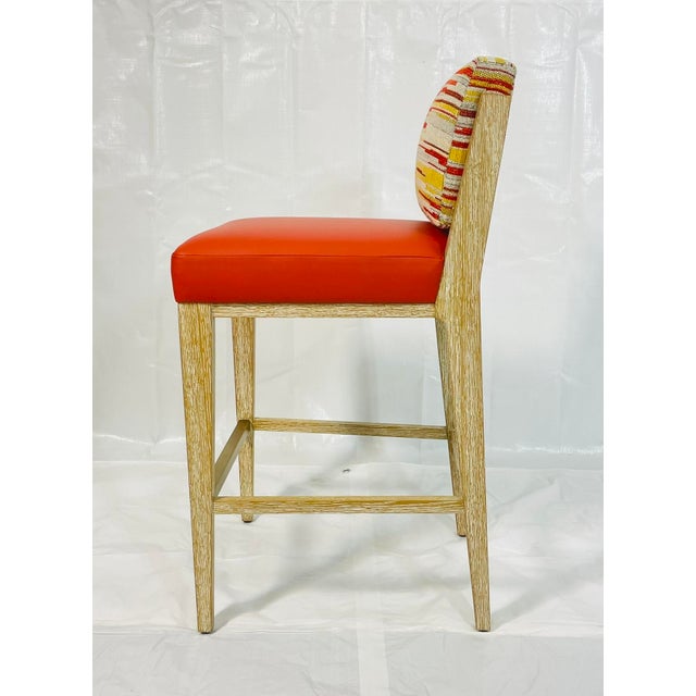 Pair of 1980s Modern American Oak Counter Stools With Leather & Fabric Upholstery For Sale - Image 12 of 16