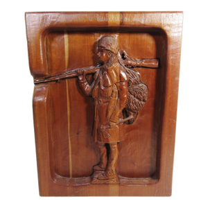 Vintage Hand-Carved Wooden Relief – Frontiersman With Rifle – Signed "Fred 1998"