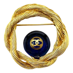 Chanel Vintage Gold Plated CC Blue Stone Rope Wreath Brooch