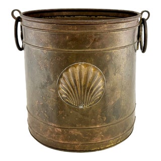Vintage Patinated Brass Planter With Shell Medallion & Ring Handles For Sale