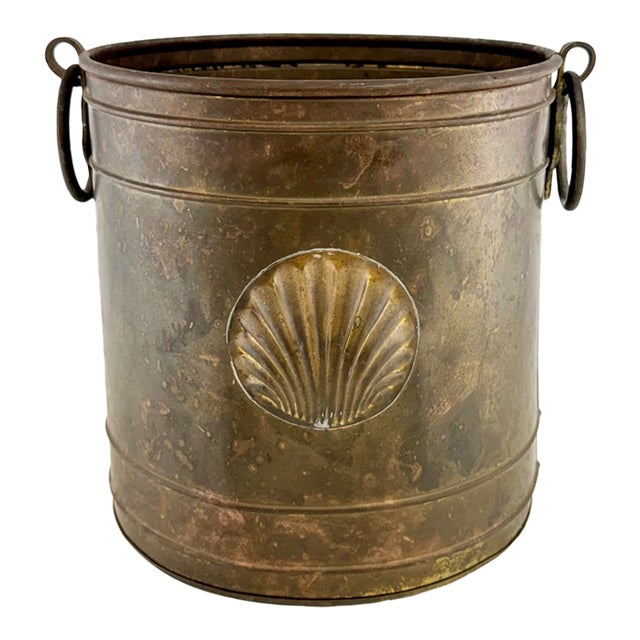 Vintage Patinated Brass Planter With Shell Medallion & Ring Handles For Sale