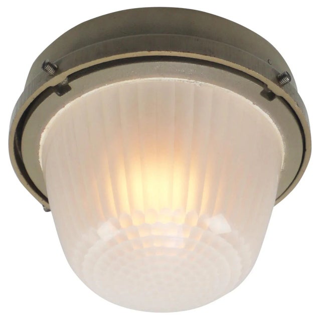 Industrial Vintage French Industrial Beige Cast Iron and Frosted Cut Glass Flush Mount from Holophane For Sale - Image 3 of 6