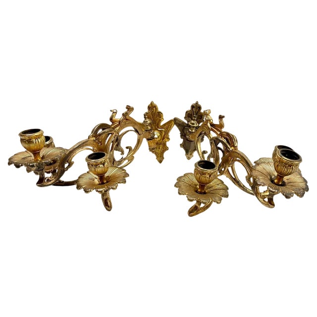Art Nouveau Brass Wall Mount Candlesticks, 1930s, Set of 2 For Sale
