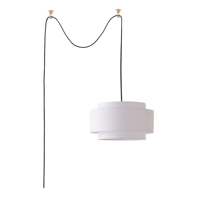 Coronado Stretch Swag Lamp - White Linen Shade, Weathered Brass, Inline Dimmer For Sale