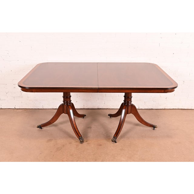John Widdicomb Georgian Banded Mahogany Double Pedestal Extension Dining Table, Newly Refinished For Sale - Image 9 of 11