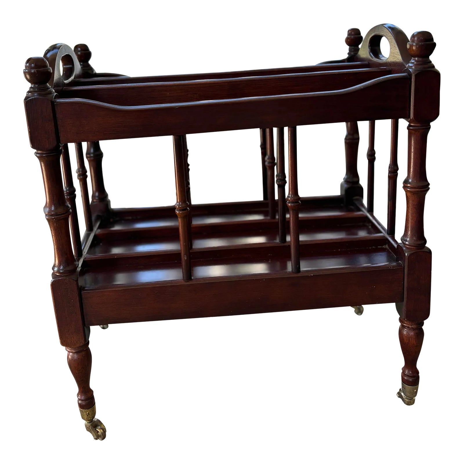 Vintage Canterbury Style Mahogany Wood Magazine Rack on Brass Casters ...