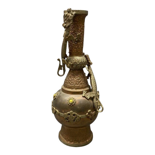 Tibetan Bronze & Brass Dragon Vase 13" Ritual Temple Vessel Inlaid Stones For Sale
