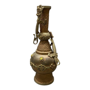 Tibetan Bronze & Brass Dragon Vase 13" Ritual Temple Vessel Inlaid Stones