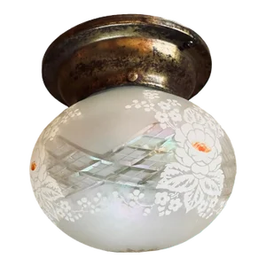 Opalescent Cut Glass With Paint on Original Brass Patina Holder, Circa 1910