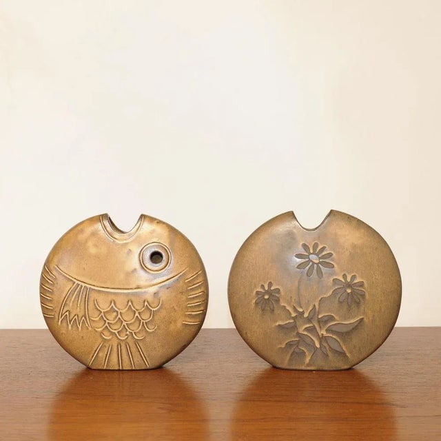 Mid-Century Brown Ceramic Fish and Flower Vases from Rois de Majorque, France, 1970s, Set of 2 For Sale - Image 4 of 13