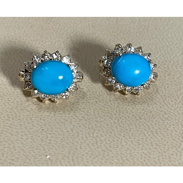 2010s 8 Ct Oval Sleeping Beauty Turquoise 1.5ct Diamond Stud Earrings 14 K Yellow Gold For Sale - Image 5 of 18