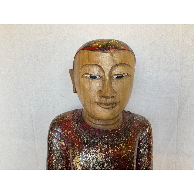 Vintage Buddha Buddhist Carved Wood Burmese Thai Monk Statue For Sale - Image 4 of 16