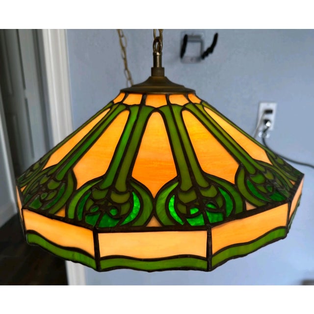 Antique Arts & Crafts j.a. Whaley & Co. Rare Mixed Slag & Stained Glass 12-Sided Swag Pendant Chandelier Lamp For Sale - Image 9 of 12