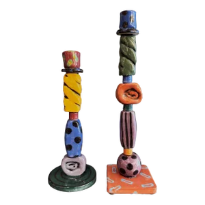 1990s Post Modern Memphis Milano Studio Pottery Candlesticks, Signed Mueller '97- a Pair