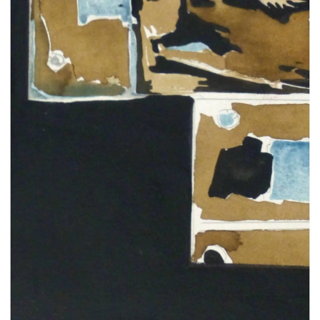 Engaging abstract ink and watercolor painting of metal locks against a black background, 1980s. Original artwork on paper...