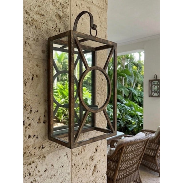 Metal Vintage Palm Beach Regency Patinated Metal & Mirrored Geometric Candle Sconce For Sale - Image 7 of 12