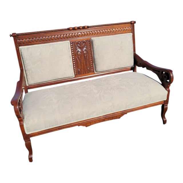 Victorian Antique 19th C Eastlake Loveseat Refinished Walnut Victorian Upholstered Settee For Sale - Image 3 of 18