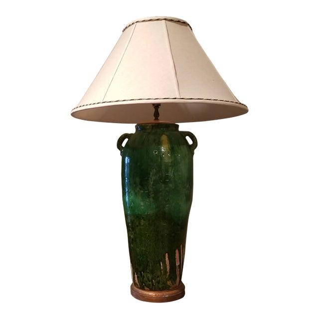 Green French Pottery Lamp For Sale