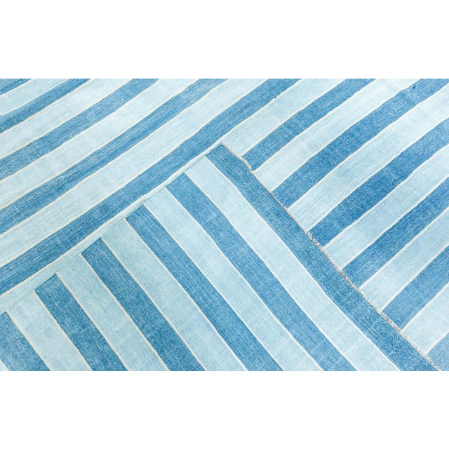 Doris Leslie Blau Vintage Indian Dhurrie Striped Blue Rug For Sale - Image 9 of 9