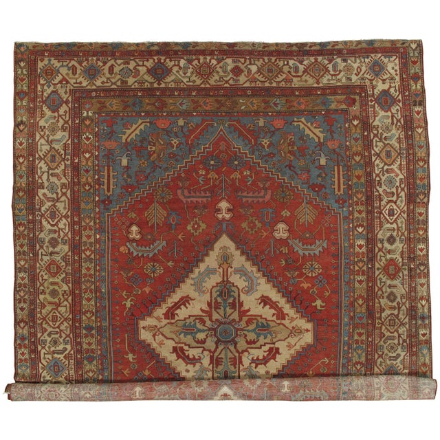 Antique Persian Serapi Carpet, Handmade Wool Oriental Rug, Rust, Ivory, Lt Blue For Sale - Image 14 of 16