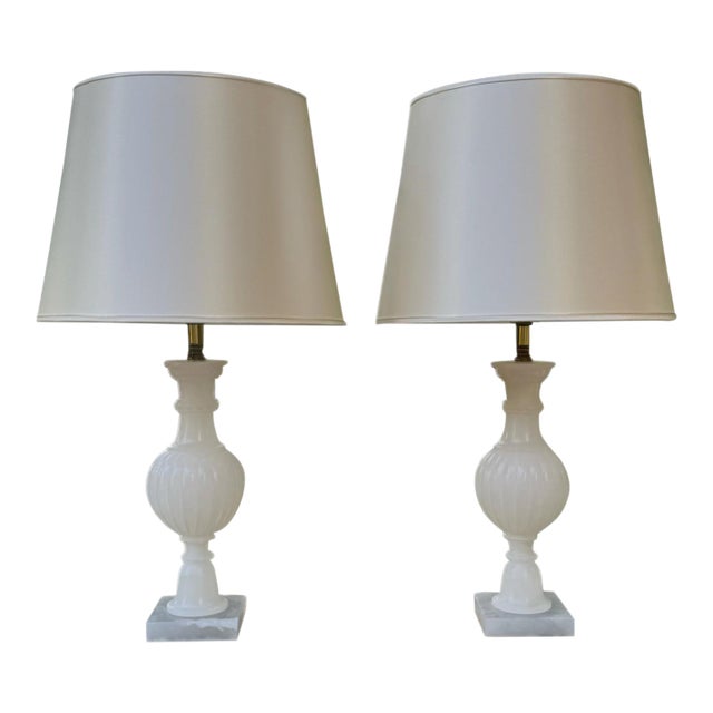 1940s Polished Alabaster Lamps, With Shades For Sale