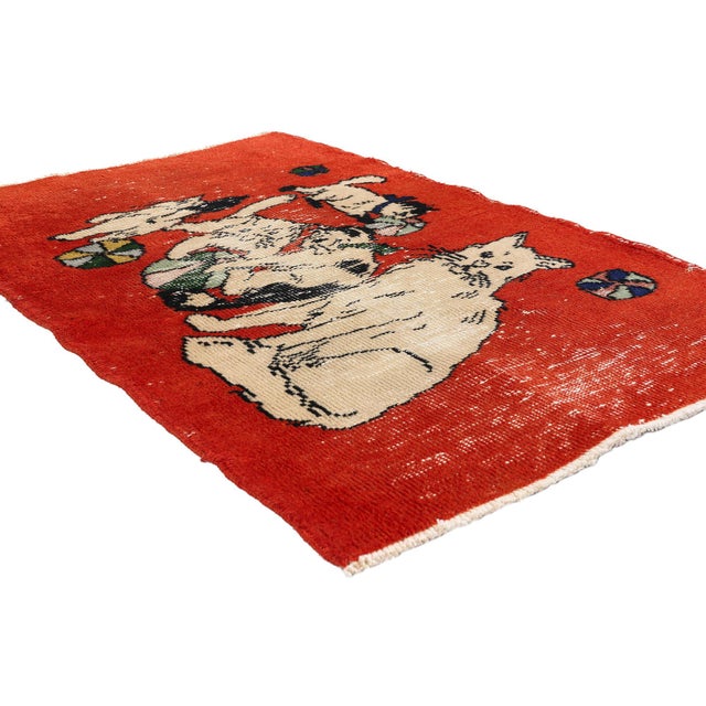 54069 Vintage Turkish Sivas Rug, 02'08 x 04'01. The Feline Salon: A Vintage Turkish Sivas Pictorial Masterpiece of Whimsy...
