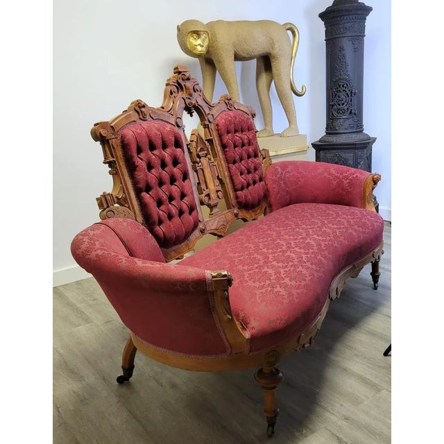Herter Brothers 19th-Century Renaissance Revival Carved Walnut Loveseat With Tufted Damask Upholstery For Sale - Image 4 of 18
