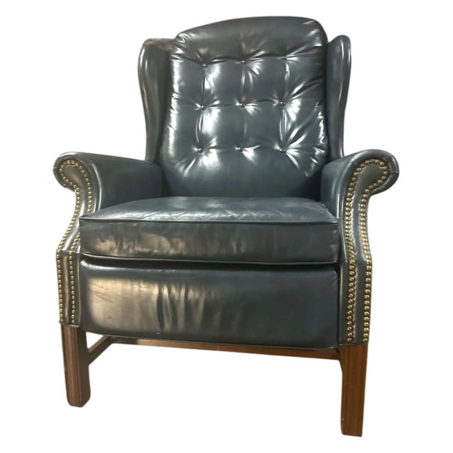 Traditional Vintage Leather Wingback Button Tufted Recliner With Mahogany Frame and Brass Nailhead Trim - Dark Blue - Excellent Condition For Sale - Image 3 of 5