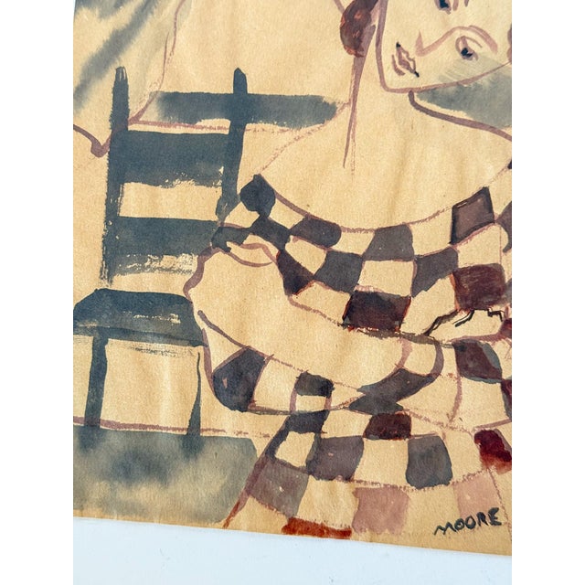 Portrait of a Woman in Checkered Dress, Original Watercolor Sketch Signed Moore For Sale - Image 4 of 5