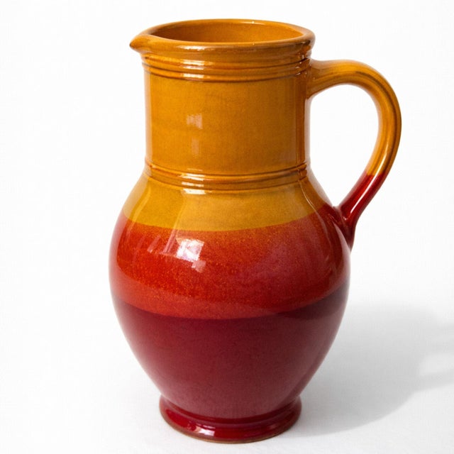 Vintage Red Orange Ceramic Pitcher Vase / Mid Century Pottery Jug / Two Tone Glazed Decorative Vessel For Sale - Image 4 of 6