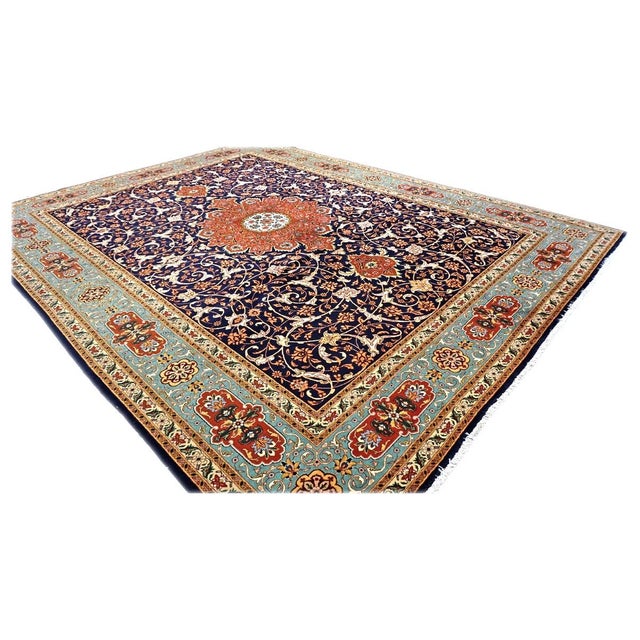 1940s Antique Persian Tabriz Wool 10X13 Navy, Orange & Teal Handmade Area Rug #9902146 For Sale - Image 5 of 7