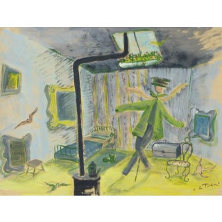 Vintage French "Room of Whimsy" Gouache Painting For Sale