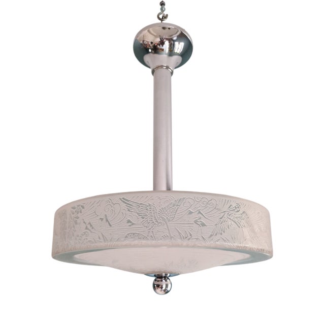 Art Deco Chandelier in Frosted Glass from Deveau, 1920s For Sale